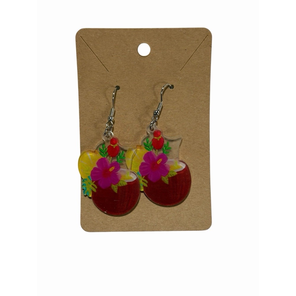 Tropical Coconut Drink Hibiscus Parrot Acrylic Dangle Earrings Tiki Beach Summer